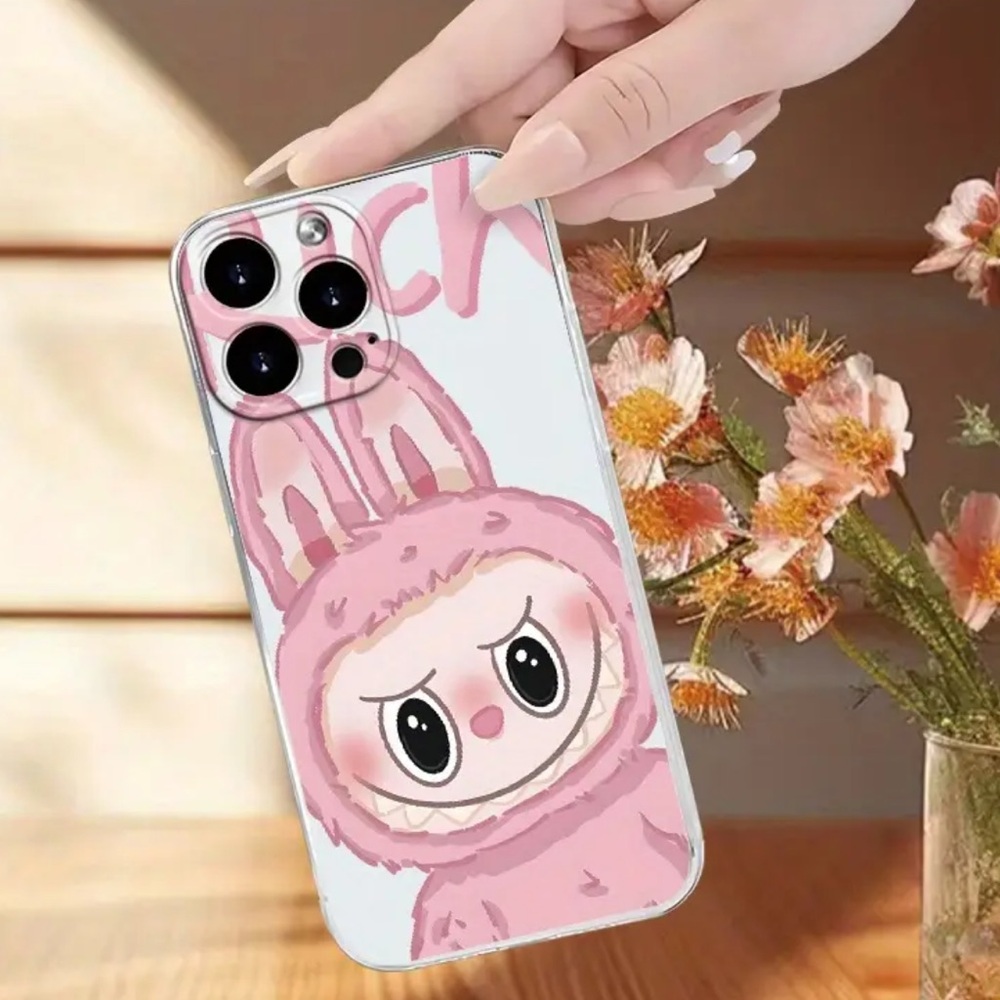 iPhone 15 Pro Max Transparent Case with Pink Cartoon Design